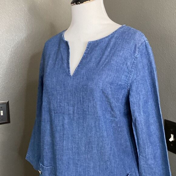 ANNE KLEIN Dress Blue Light Weight Denim Stretch Shift Pockets Pullover Classic - Picture 2 of 11